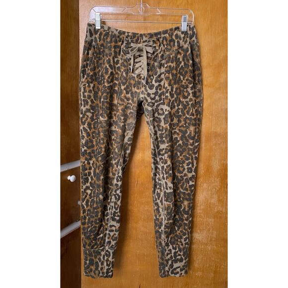 NSF Maddox Leopard print Fitted Lace Front sweatpants Terry Joggers Size L - Picture 2 of 8